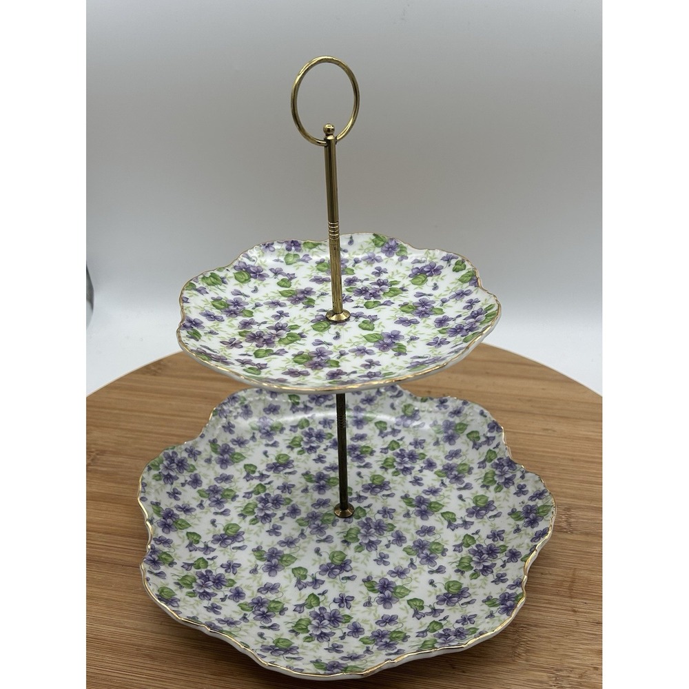 Lefton China Violet‎ Chintz 2 Tiered Serving Tray (Lunch & Bread/Butter Plate) 4